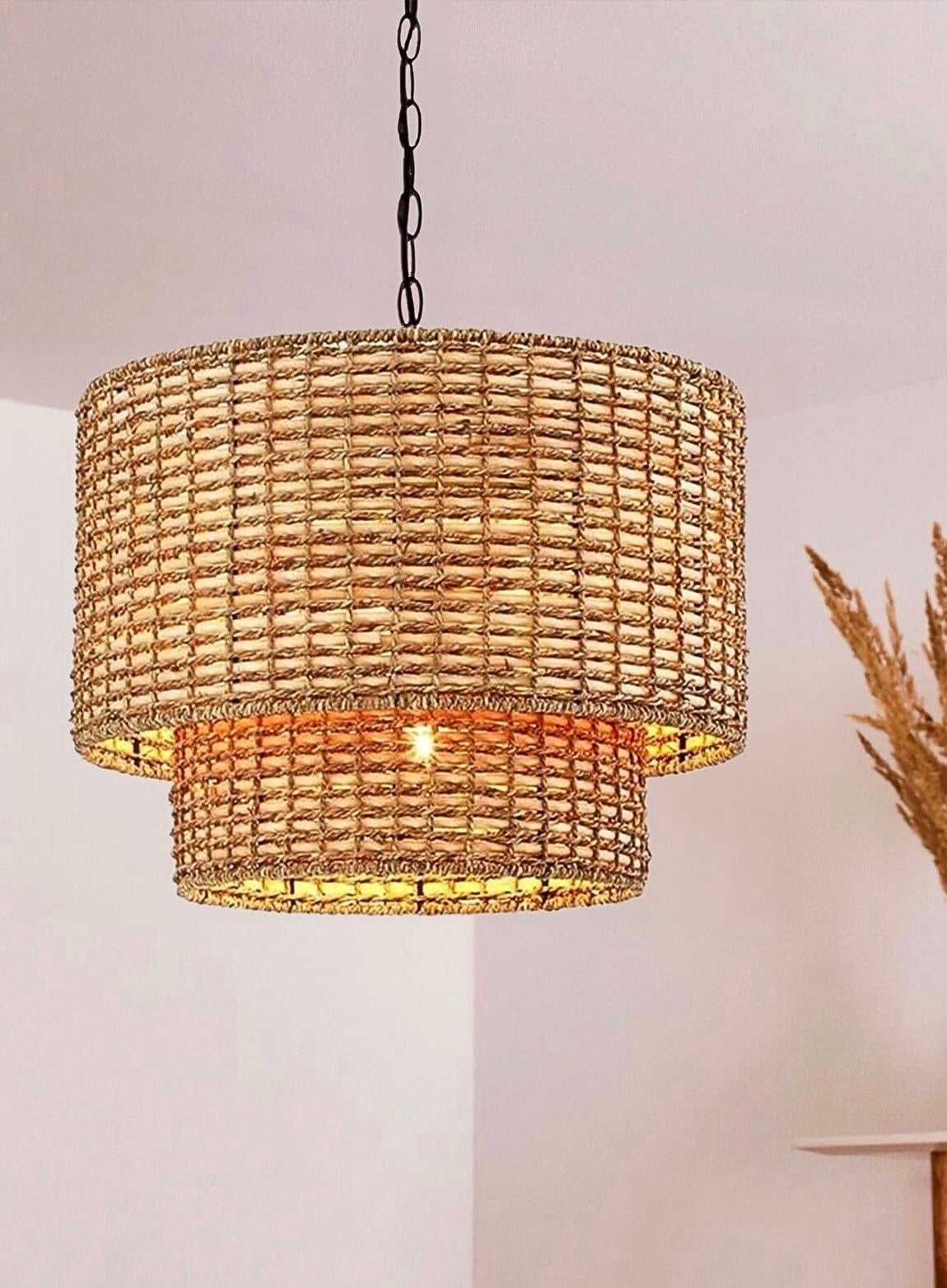 Natural Rattan Double Drum Pendant Light for Bedroom