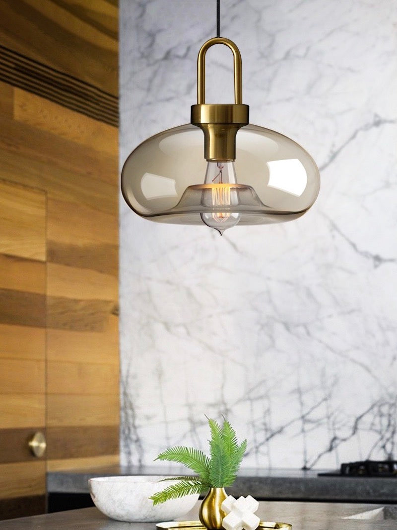 Modern Brass Cognac Glass Single Pendant Light