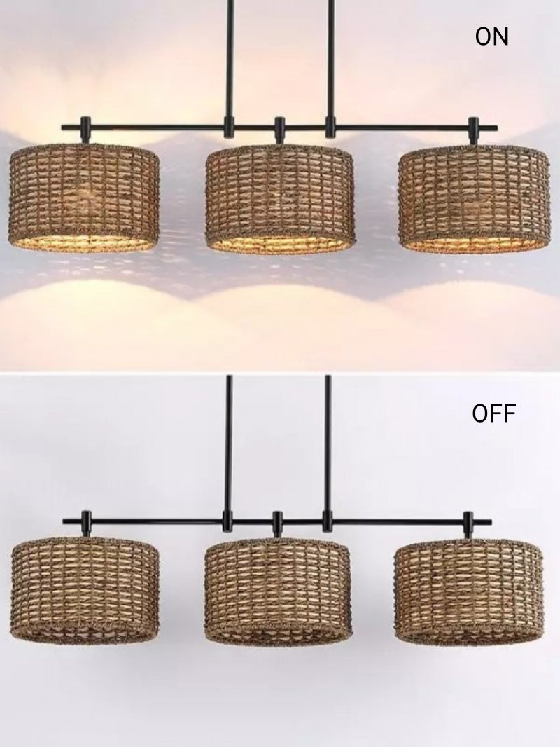 3 Light Rustic Drum Hand Woven Rattan Pendant Light