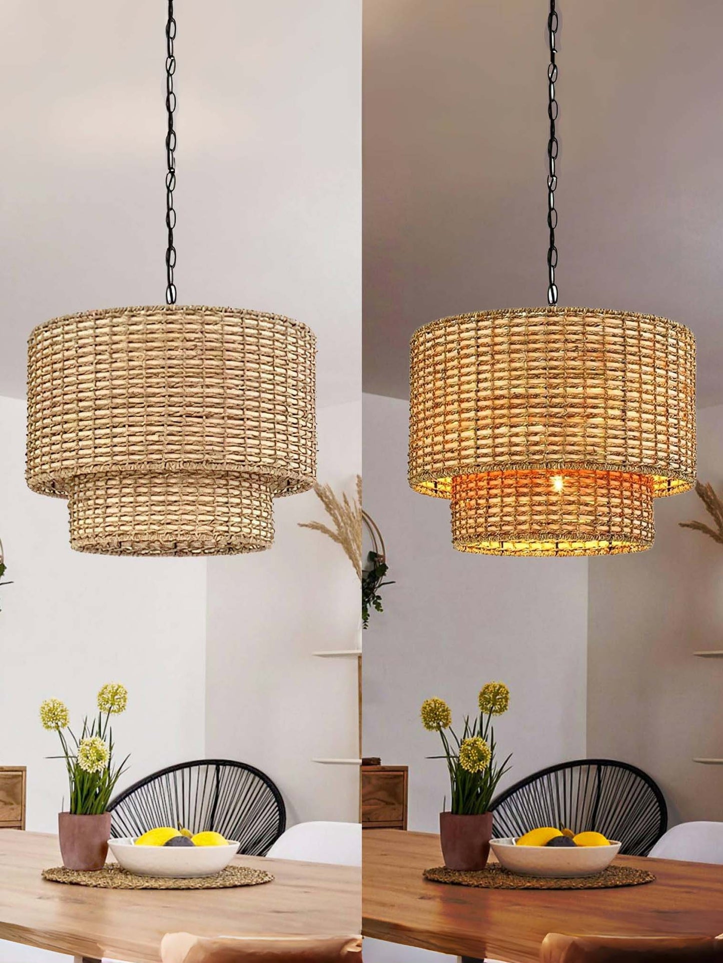 Natural Rattan Double Drum Pendant Light for Bedroom